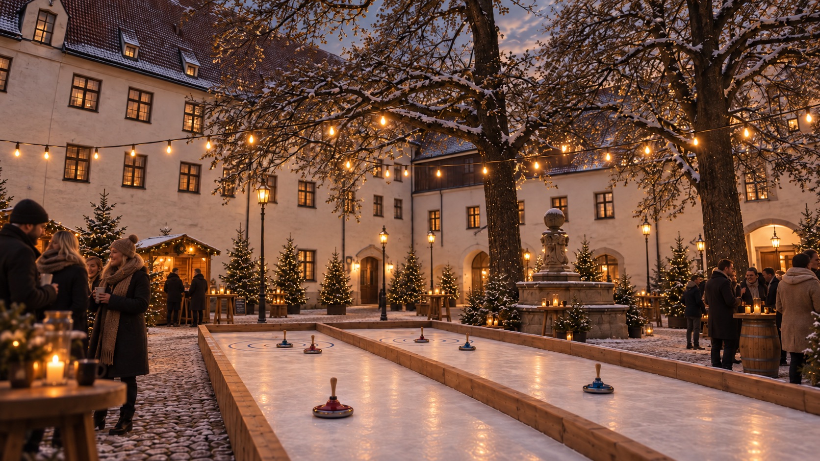 Eisstockschießen auf der Eisstockbahn im historischen Alten Hof in München
