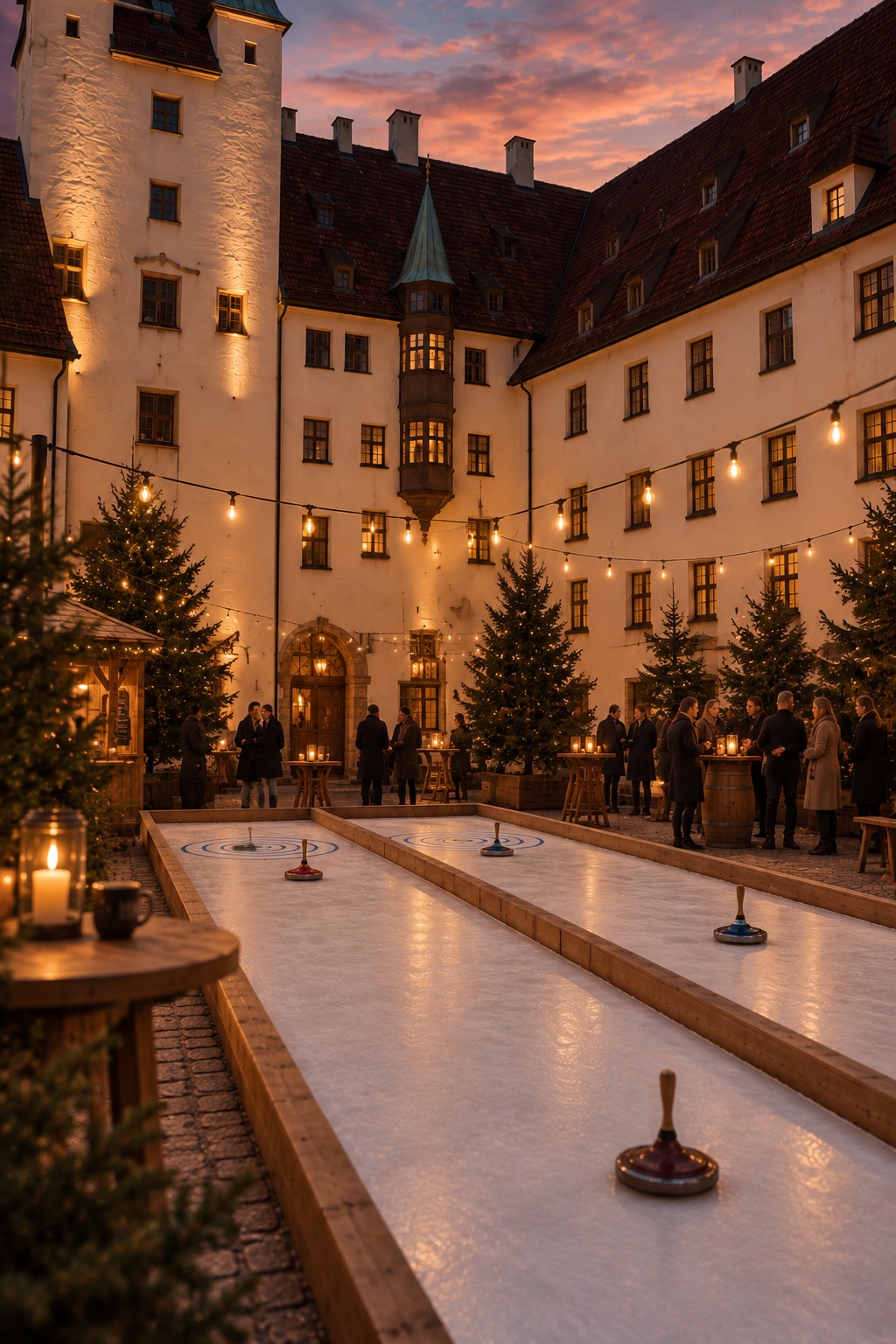 Eisstockbahn im beleuchteten Alten Hof München bei Winterabend