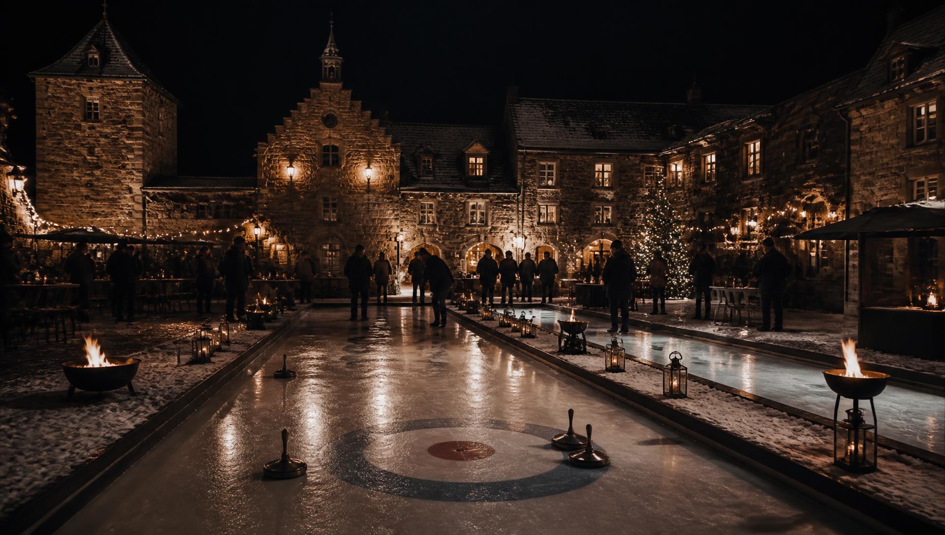 Winterdorf im Alten Hof mit Eisstockbahnen am Abend